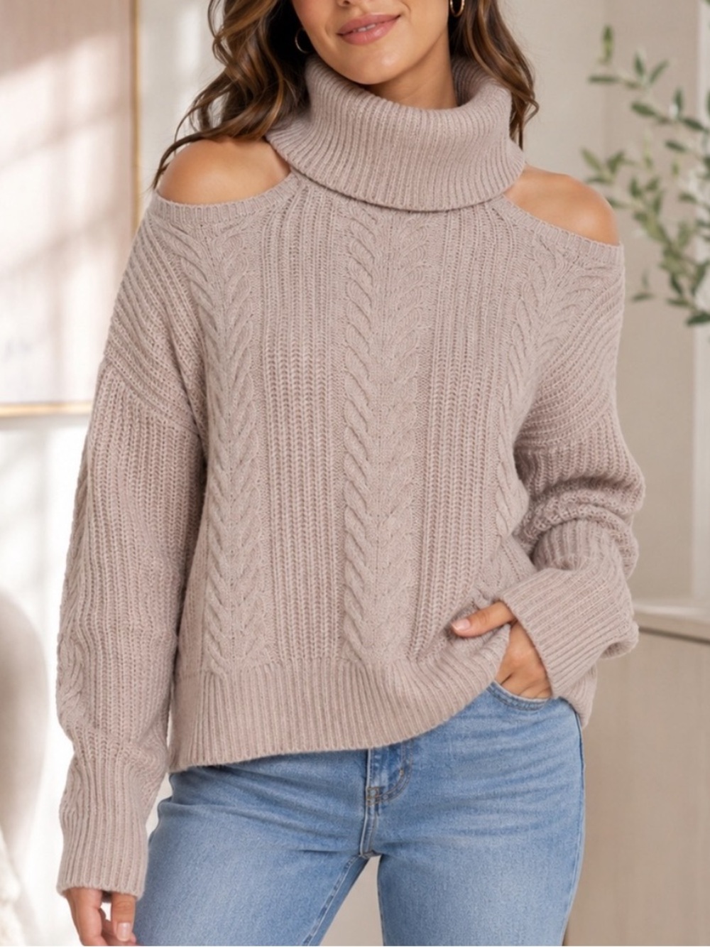 PAIGE Women Lorilee Cold-Shoulder Cable Turtleneck Sweater - Wild rose